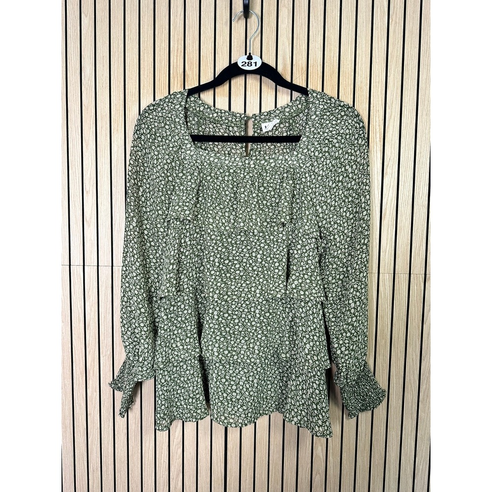 281 Three Bird Nest Green Floral Tiered Ruffle Blouse Square Neck (Small, EUC)